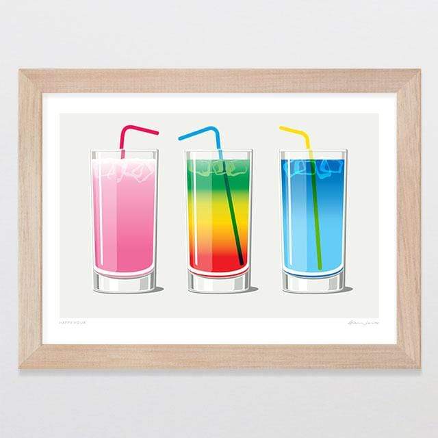 Glenn Jones Art Happy Hour Art Print Art Print A4 Print / Raw Oak Frame