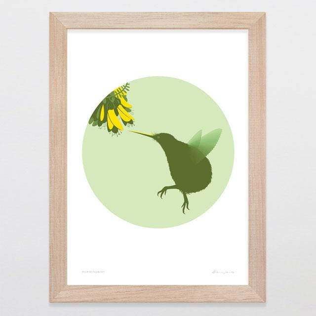 Glenn Jones Art Hummingkiwi Art Print Art Print A4 Print / Raw Oak Frame