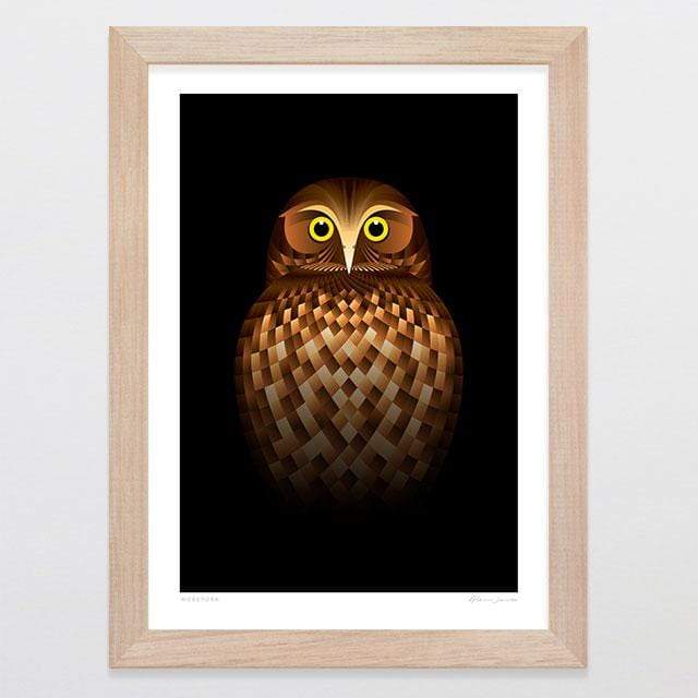 Glenn Jones Art Morepork Art Print Art Print A4 Print / Raw Oak Frame