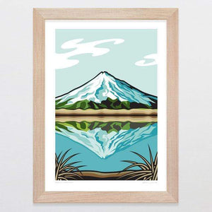 Glenn Jones Art Mount Taranaki Art Print Art Print A4 Print / Raw Oak Frame