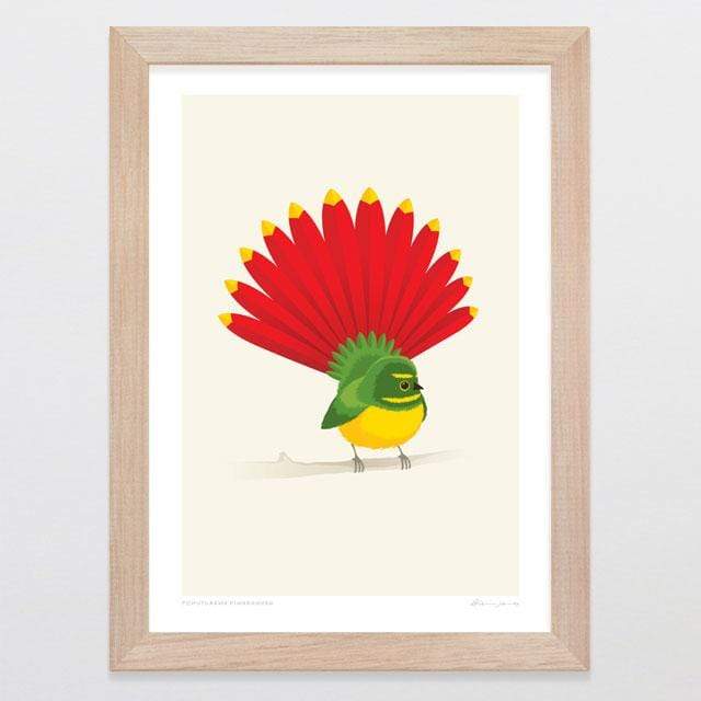 Glenn Jones Art Pohutukawa Piwakawaka Art Print Art Print A4 Print / Raw Oak Frame