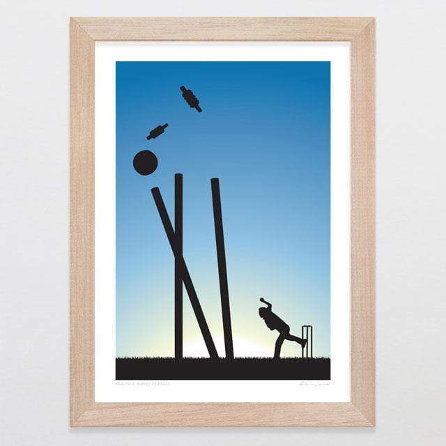 Glenn Jones Art Practice Makes Perfect - Cricket Art Print Art Print A4 Print / Raw Oak Frame