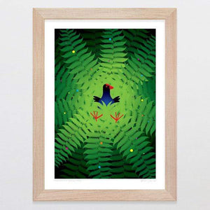 Glenn Jones Art Pukeko In A Ponga Art Print Art Print A4 Print / Raw Oak Frame