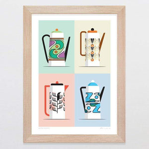 Glenn Jones Art Retro Teapots Art Print Art Print A4 Print / Raw Oak Frame