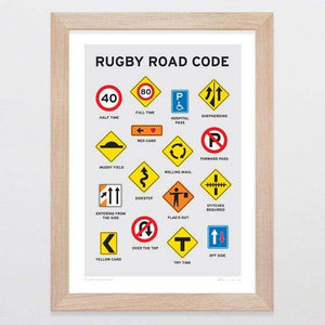 Glenn Jones Art Rugby Road Code Art Print Art Print A4 Print / Raw Oak Frame