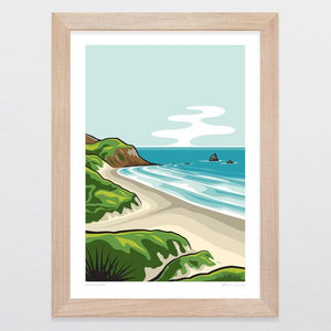 Glenn Jones Art Sandfly Bay Art Print Art Print A4 Print / Raw Oak Frame