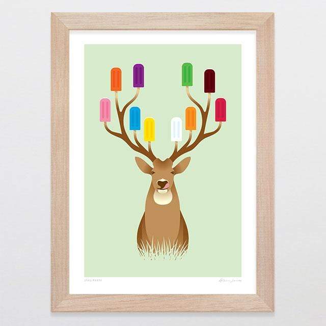 Glenn Jones Art Stag Party Art Print Art Print A4 Print / Raw Oak Frame