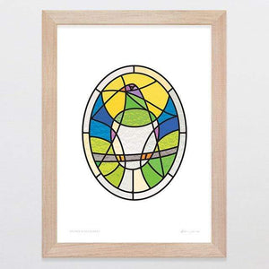 Glenn Jones Art Stained Glass Kereru Art Print Art Print A4 Print / Raw Oak Frame