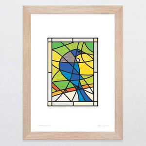 Glenn Jones Art Stained Glass Tui Art Print Art Print A4 Print / Raw Oak Frame