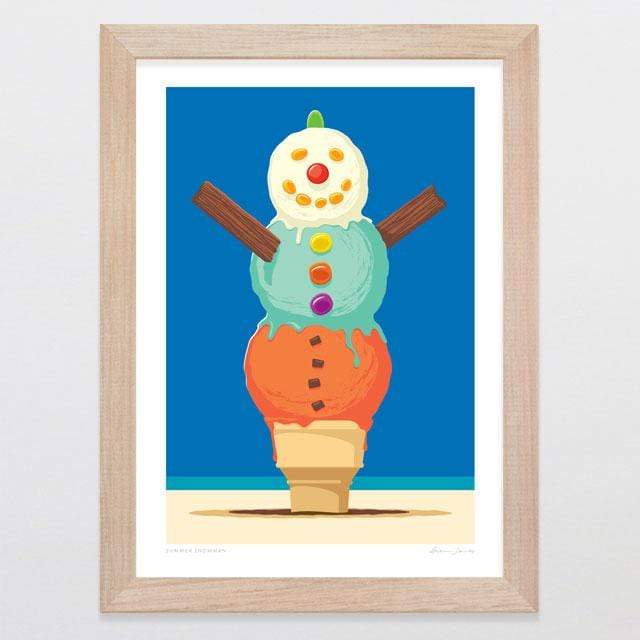 Glenn Jones Art Summer Snowman Art Print Art Print A4 Print / Raw Oak Frame