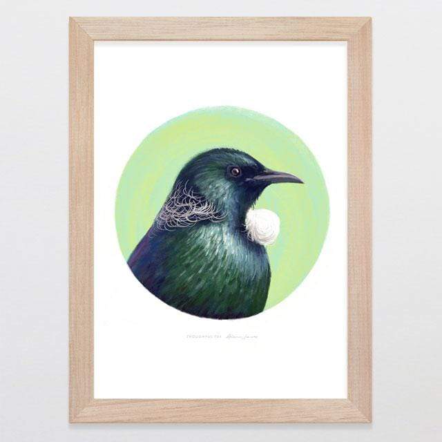 Glenn Jones Art Thoughtful Tui Art Print Art Print A4 Print / Raw Oak Frame