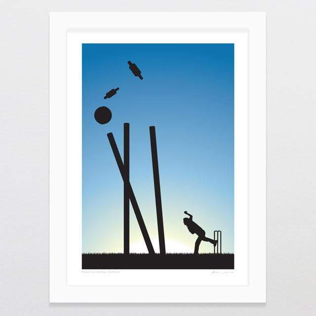 Glenn Jones Art Practice Makes Perfect - Cricket Art Print Art Print A4 Print / White Frame